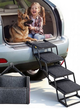 Dog Stairs for Car, 4 Steps Extra Wide Foldable Dog Ramp for Large Dogs with Non-Slip Rug Surface, Portable Lightweight Pet Ladder for Car, SUV, Truck, High Beds, Sofas, Support up to 200 lbs