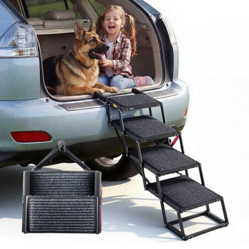 Dog Stairs for Car, 4 Steps Extra Wide Foldable Dog Ramp for Large Dogs with Non-Slip Rug Surface, Portable Lightweight Pet Ladder for Car, SUV, Truck, High Beds, Sofas, Support up to 200 lbs