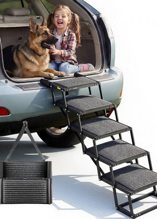 Dog Stairs for Car, 5 Steps Extra Wide Foldable Dog Ramp for Large Dogs with Non-Slip Rug Surface, Portable Lightweight Pet Ladder for Car, SUV, Truck, High Beds, Sofas, Support up to 200 lbs