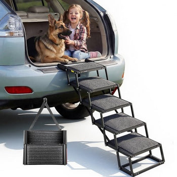 Dog Stairs for Car, 5 Steps Extra Wide Foldable Dog Ramp for Large Dogs with Non-Slip Rug Surface, Portable Lightweight Pet Ladder for Car, SUV, Truck, High Beds, Sofas, Support up to 200 lbs