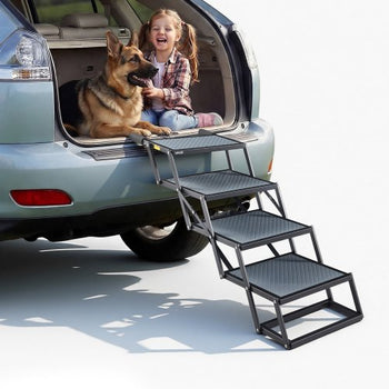 Dog Stairs for Car, 4 Steps Extra Wide Foldable Dog Ramp for Large Dogs with Non-Slip Surface, Portable Lightweight Pet Stairs Ladder for Car, SUV, Truck, High Bed, Sofa, Support up to 400 lbs