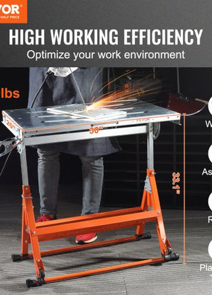 Welding Table 30" x 20", 400lbs Load Capacity Steel Welding Workbench Table on Wheels, Folding Work Bench with Three 1.1" Slot, 3 Tilt Angles, Adjustable Height, Retractable Guide Rails