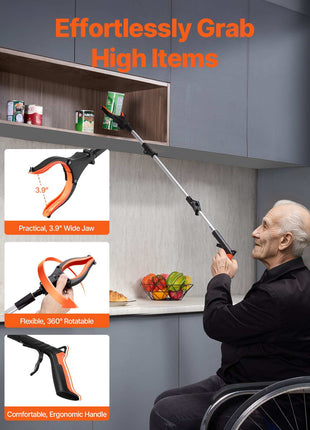 Grabber Reacher Tool, 43" Foldable Reacher Grabber Pickup Tool with 360° Rotating Jaw, Magnet and LED Light, Lightweight Grabber Reacher Tool for Seniors, Extra Long Trash Picker Upper Grabber
