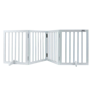 White wooden pet gate with slatted design, adjustable panels, perfect for indoor safety and style.