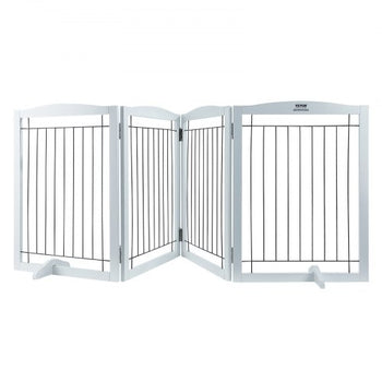 Free Standing Dog Gate, 32" H x 96.5" W Freestanding Pet Gate, 4 Panels Foldable Dog Gate for Wide and Narrow Passageways, Expandable Dog Barrier with Silent Foot Support for Indoor, White