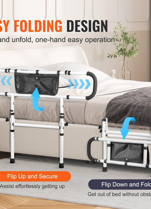 White and black bed rail, made of sturdy metal, featuring an easy folding design for safety and convenience.