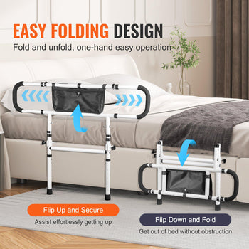 White and black bed rail, made of sturdy metal, featuring an easy folding design for safety and convenience.