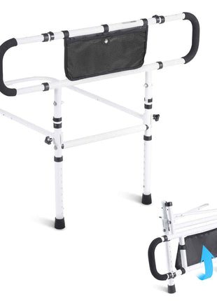 White portable bed rail with black foam grips and a mesh storage pocket, collapsible for easy storage and transport.