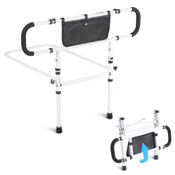 White portable bed rail with black foam grips and a mesh storage pocket, collapsible for easy storage and transport.