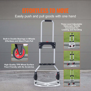 Aluminum hand truck with red wheels, adjustable telescopic handle, and TPR surface for easy and scratch-free movement.