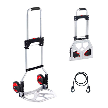 Aluminum folding hand truck with red wheels, ergonomic handle, and bungee cord for secure load transport.