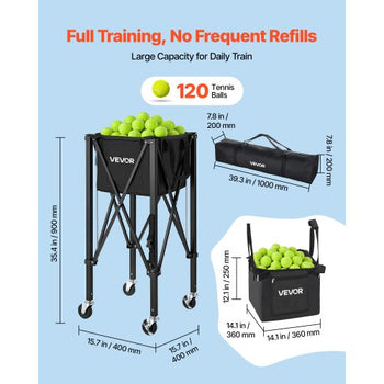 Tennis Ball Hopper, Holds 120 Tennis Balls, Foldable Pickleball Basket Cart with Wheels for Easy Pick Up, Lightweight Aluminum Alloy, Portable Pickleball Caddy with Storage Bag, for Training