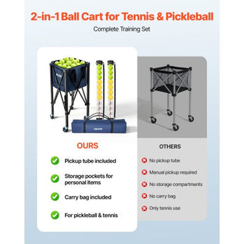 2-in-1 Tennis & Pickleball Hopper, with Pickup Tube, Foldable Pickleball Basket Cart with with Wheels, Holds 150 Tennis Balls or 260 Pickleballs, Portable Pickleball Caddy Holder, for Training