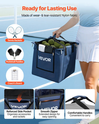 2-in-1 Tennis & Pickleball Hopper, with Pickup Tube, Foldable Pickleball Basket Cart with with Wheels, Holds 150 Tennis Balls or 260 Pickleballs, Portable Pickleball Caddy Holder, for Training