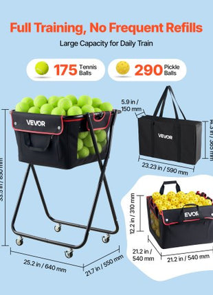 Tennis Ball Hopper, Holds 175 Tennis Balls or 290 Pickleballs, Foldable Pickleball Basket Cart with Wheels for Easy Pick Up, Portable Baseball Cart Caddy with Storage Bag, for Training Coaching