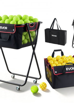Tennis Ball Hopper, Holds 175 Tennis Balls or 290 Pickleballs, Foldable Pickleball Basket Cart with Wheels for Easy Pick Up, Portable Baseball Cart Caddy with Storage Bag, for Training Coaching