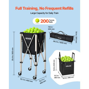 Tennis Ball Hopper, Holds 200 Tennis Balls, Foldable Pickleball Basket Cart with Wheels for Easy Pick Up, Stainless Steel Portable Pickleball Cart Caddy with Storage Bag, for Training Teaching