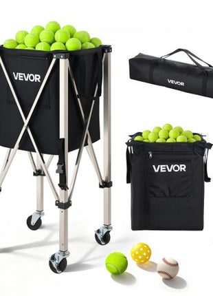 Tennis Ball Hopper, Holds 200 Tennis Balls, Foldable Pickleball Basket Cart with Wheels for Easy Pick Up, Stainless Steel Portable Pickleball Cart Caddy with Storage Bag, for Training Teaching