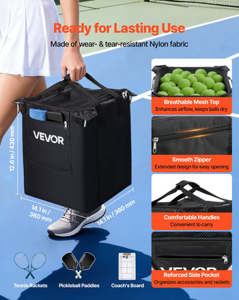 Tennis Ball Hopper, Holds 200 Tennis Balls, Foldable Pickleball Basket Cart with Wheels for Easy Pick Up, Stainless Steel Portable Pickleball Cart Caddy with Storage Bag, for Training Teaching