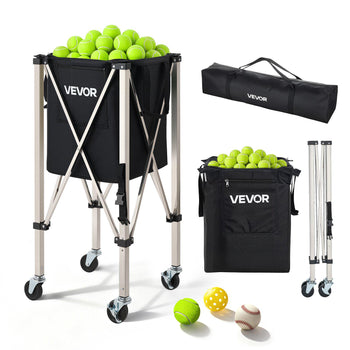 Tennis Ball Hopper, Holds 200 Tennis Balls, Foldable Pickleball Basket Cart with Wheels for Easy Pick Up, Stainless Steel Portable Pickleball Cart Caddy with Storage Bag, for Training Teaching