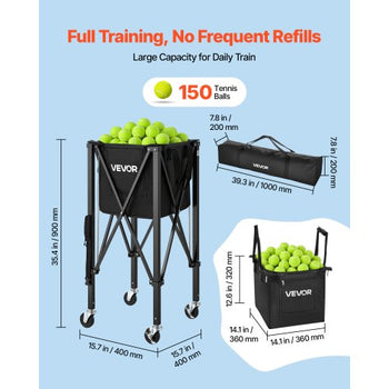 Tennis Ball Hopper, Holds 150 Tennis Balls, Foldable Pickleball Basket Cart with Wheels for Easy Pick Up, Lightweight Aluminum Alloy, Portable Pickleball Caddy with Storage Bag, for Training