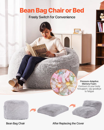 Bean Bag Bed Chair, Convertible Chair from BeanBag to Lounge or Mattress, Gaint Bean Bag Chair Bed with Washable Cover for Adults, Fluffy Plush, Foam Filling and Side Pocket, Grey(Full Size)
