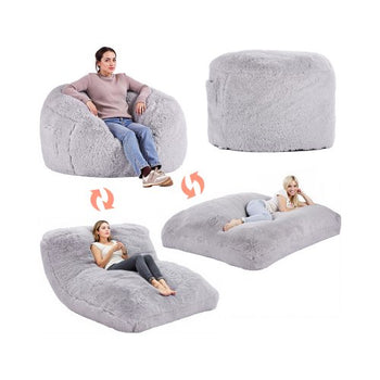 Bean Bag Bed Chair, Convertible Chair from BeanBag to Lounge or Mattress, Gaint Bean Bag Chair Bed with Washable Cover for Adults, Fluffy Plush, Foam Filling and Side Pocket, Grey(Queen Size)