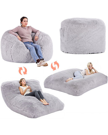 Bean Bag Bed Chair, Convertible Chair from BeanBag to Lounge or Mattress, Gaint Bean Bag Chair Bed with Washable Cover for Adults, Fluffy Plush, Foam Filling and Side Pocket, Grey(Queen Size)