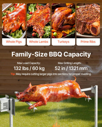 Rotisserie Grill, AC120V 8 Level Height Electric Rotisserie Grill Kit, BBQ Grills Rotisseries Kit with 132 lbs Load Capacity, 38W Motor, Stainless Steel Automatic Grilling Kits for Parties