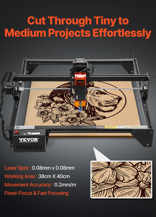 Laser Engraver, 5W Output, Laser Engraving Cutter Machine, 14.9 x 15.7 in/38 x 40 cm Working Area, 10000 mm/min Movement Speed, Compressed Spot with Eye Protection, for Wood, Certain Metal