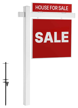 Real Estate Sign Post, 6 ft Tall, PVC Realtor Yard Sign Holder with 47 in Arm Holds up to 36 in, Easy to Install, Wind-Resistant, for Open House and Home, Yard, Road, Outdoor, White (No Signs)