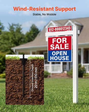 Real Estate Sign Post, 2-Pack, 6 ft Tall, PVC Realtor Yard Sign Holder with 36 in Arm Holds up to 24 in, Easy to Install, Wind-Resistant, for Open House and Home, Yard, Road, White (No Signs)