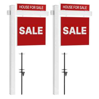 Real Estate Sign Post, 2-Pack, 6 ft Tall, PVC Realtor Yard Sign Holder with 36 in Arm Holds up to 24 in, Easy to Install, Wind-Resistant, for Open House and Home, Yard, Road, White (No Signs)