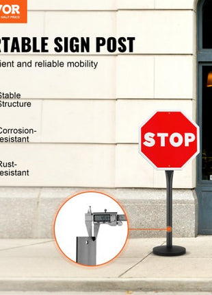 Cast Iron Sign Post, 4 ft Portable Heavy Duty Steel Post Sign Holder with Hard Plastic Base & Wheels, U-Channel Sign Stand for Garden, Courtyard, Farm or Traffic Intersection, Black