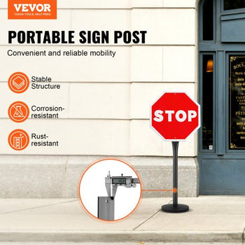Cast Iron Sign Post, 4 ft Portable Heavy Duty Steel Post Sign Holder with Hard Plastic Base & Wheels, U-Channel Sign Stand for Garden, Courtyard, Farm or Traffic Intersection, Black