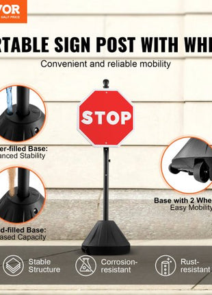 Portable Sign Post, 5 ft Cast Iron Sign Post Holder with Hard Plastic Base & Wheels,  Movable Parking Sign Stand for No Parking Street Signs, Handicap Parking Sign,  with Base, Bolts Nuts, Black