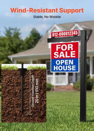 Real Estate Sign Post, 6 ft Tall, PVC Realtor Yard Sign Holder with 36 in Arm Holds up to 24 in, Easy to Install, Wind-Resistant, for Open House and Home, Yard, Road, Outdoor, Black (No Signs)