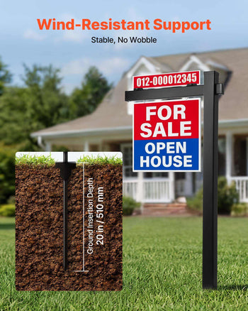 Real Estate Sign Post, 6 ft Tall, PVC Realtor Yard Sign Holder with 36 in Arm Holds up to 24 in, Easy to Install, Wind-Resistant, for Open House and Home, Yard, Road, Outdoor, Black (No Signs)