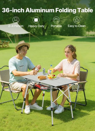 Folding Camping Table, Portable Roll Up Side Tables, Lightweight Aluminum Beach Table with Adjustable Height, Top Mesh Layer and Carry Bag, For Outdoor BBQ Tailgating Picnic, Travel, Silver