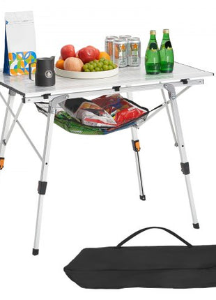 Folding Camping Table, Portable Roll Up Side Tables, Lightweight Aluminum Beach Table with Adjustable Height, Top Mesh Layer and Carry Bag, For Outdoor BBQ Tailgating Picnic, Travel, Silver