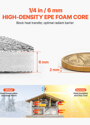 Reflective Insulation Roll, Double-Layer Air Bubble Radiant Barrier, 6mm 48 in x 100 ft, Aluminum Foil White PE Film Heat Reflective Shield, Thermal Insulation Roll for Garage Door Window RV Roofs