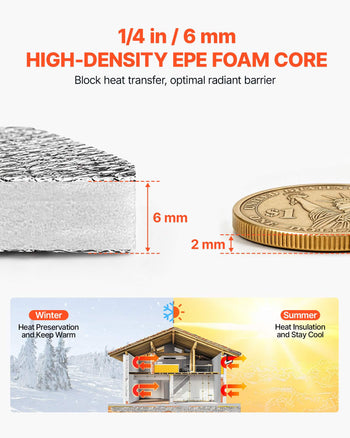 Reflective Insulation Roll, Double-Layer Air Bubble Radiant Barrier, 6mm 48 in x 100 ft, Aluminum Foil White PE Film Heat Reflective Shield, Thermal Insulation Roll for Garage Door Window RV Roofs