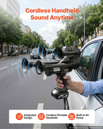 Cordless 4-Trumpet Air Horn 130dB Train Air Horn & Built-in Air Pump, 18V 4Ah Lithium Battery, Powerful Sound, Strong Penetration, Handheld Portable for Vehicle Alerts, Holiday & Sporting Events
