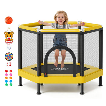 Trampoline for Kids, Toddler Mini Trampoline, 132 lbs Capacity Indoor Outdoor Play Toys with Enclosure Net and Basketball Hoop, Easy to Assemble, Christmas Toys Birthday Gifts for Girls Boys