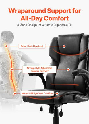 Executive Office Chair with Lumbar Support, 300lb Capacity Office Chair with Flip-up Armrests & Lumbar Pillow, Height Adjustable Ergonomic Chair, PU Leather Reclining Home Office Desk Chairs