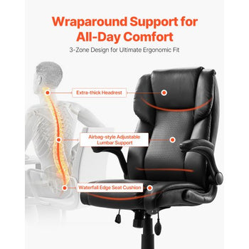 Executive Office Chair with Lumbar Support, 300lb Capacity Office Chair with Flip-up Armrests & Lumbar Pillow, Height Adjustable Ergonomic Chair, PU Leather Reclining Home Office Desk Chairs