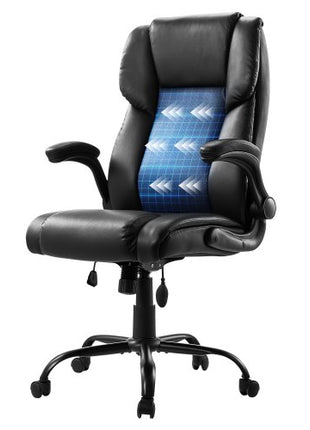 Executive Office Chair with Lumbar Support, 300lb Capacity Office Chair with Flip-up Armrests & Lumbar Pillow, Height Adjustable Ergonomic Chair, PU Leather Reclining Home Office Desk Chairs