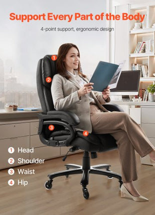 Executive Office Chair with Knob-Control Lumbar Support, 500lb Capacity Office Chair, Heavy Duty Ergonomic Chair, Height Adjustable PU Leather Reclining Home Office Desk Chairs, Black
