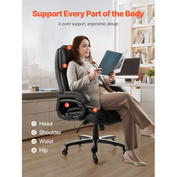 Executive Office Chair with Knob-Control Lumbar Support, 500lb Capacity Office Chair, Heavy Duty Ergonomic Chair, Height Adjustable PU Leather Reclining Home Office Desk Chairs, Black