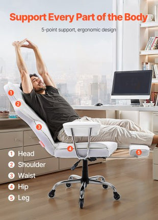 Reclining Office Chair with Footrest, Heavy Duty PU Leather Wide Office Chair, Big and Tall Executive Office Chairs with Lumbar Support, Strong Metal Base Quiet Wheels, White